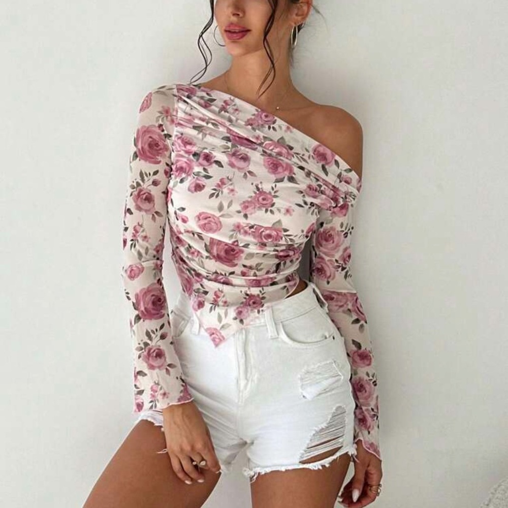 Floral Off-Shoulder Asymmetrical Split Hem Ruched Long Sleeve Top